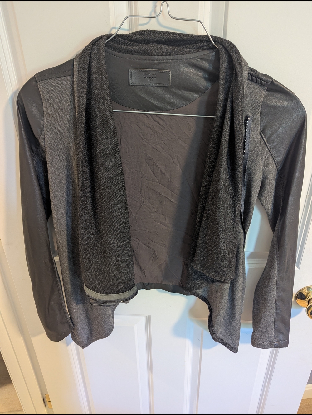 Blank NY Charcoal Mixed-Media Faux Leather And Knit  Asymetrical Jacket